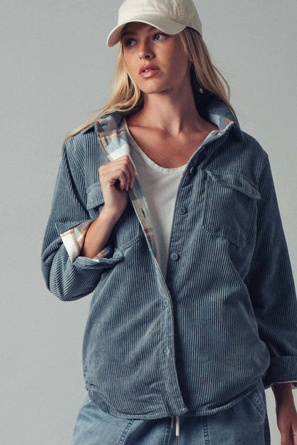 Plaid Lined Corduroy Flannel Shacket (2 Colors)