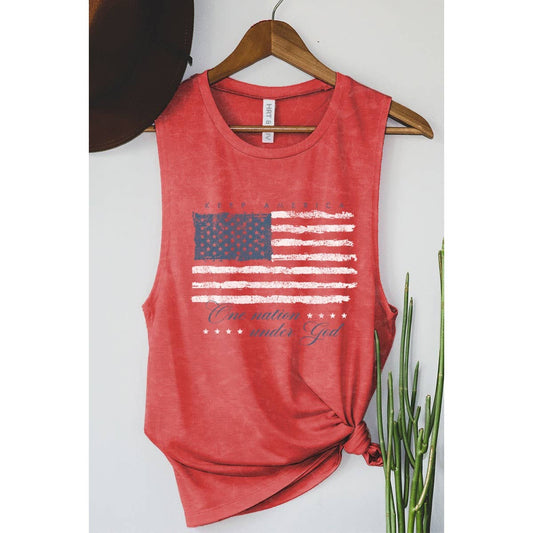 KEEP AMERICA ONE NATION UNDER GOD FLAG GRAPHIC TANK TOP