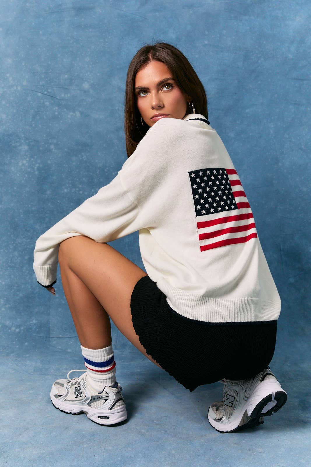 LONG SLEEVE COLLARED "USA" FLAG HALF ZIP SWEATER