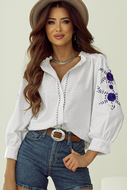 White Floral Embroidered Shirt