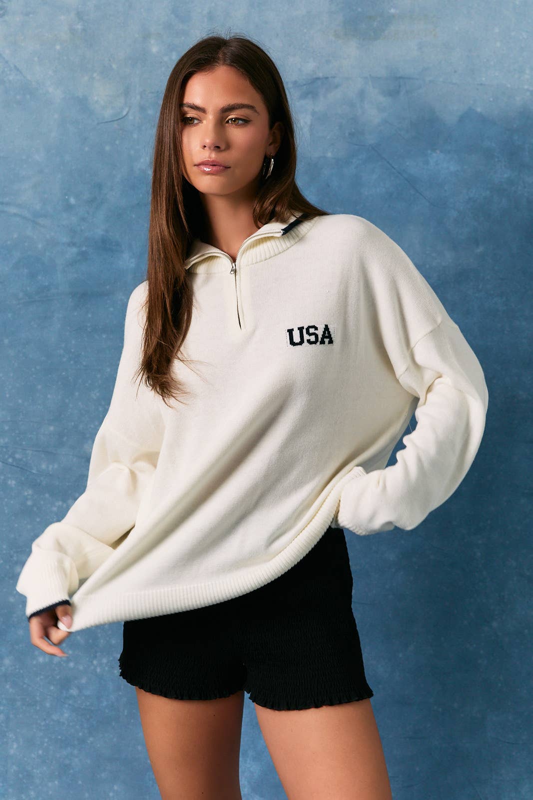 LONG SLEEVE COLLARED "USA" FLAG HALF ZIP SWEATER