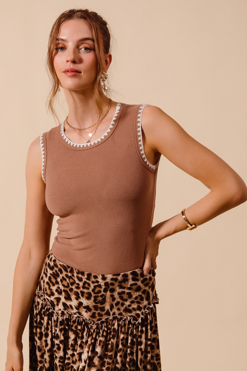 Rib Sleeveless Tank With Embroidery Detail