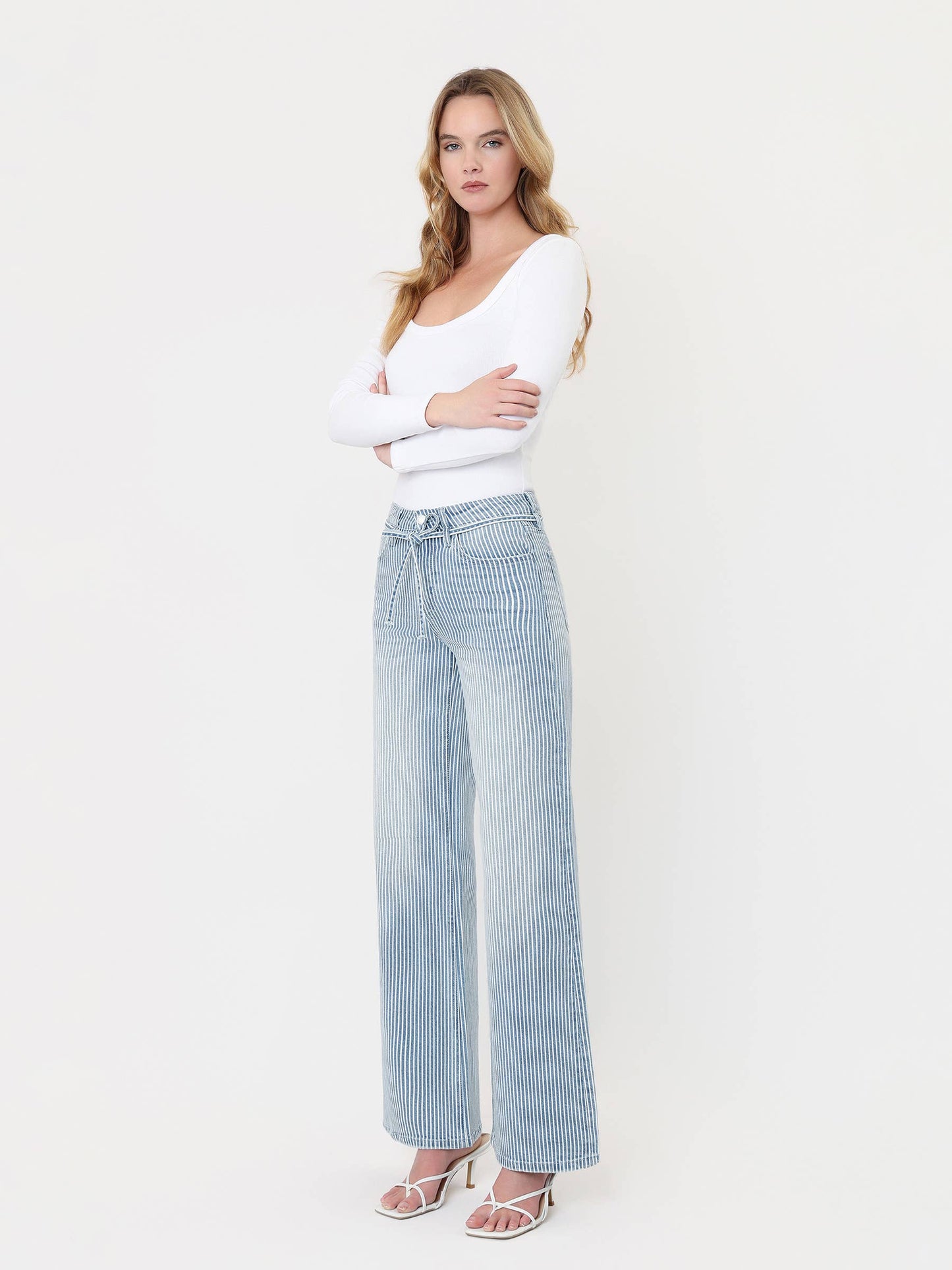 HIGH RISE WAIST TIE STRIPED WIDE LEG JEANS V3838STR