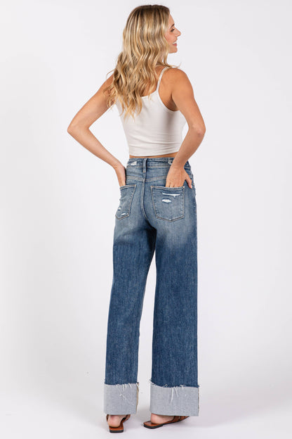 HIGH RISE STRETCH WIDE LEG W/ CUFFED HEM JEANS