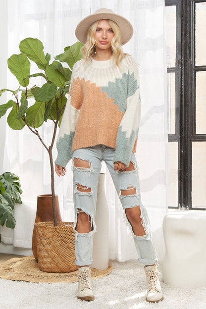 COLORBLOCK ZIGZAG KNIT SWEATER