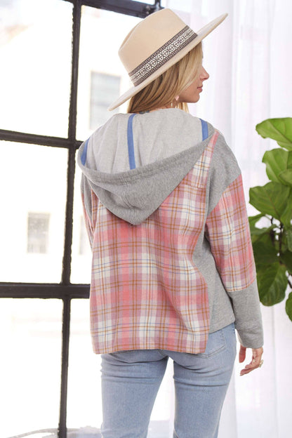 BUTTON DOWN PLAID HOODIE SHACKET (Two Colors)