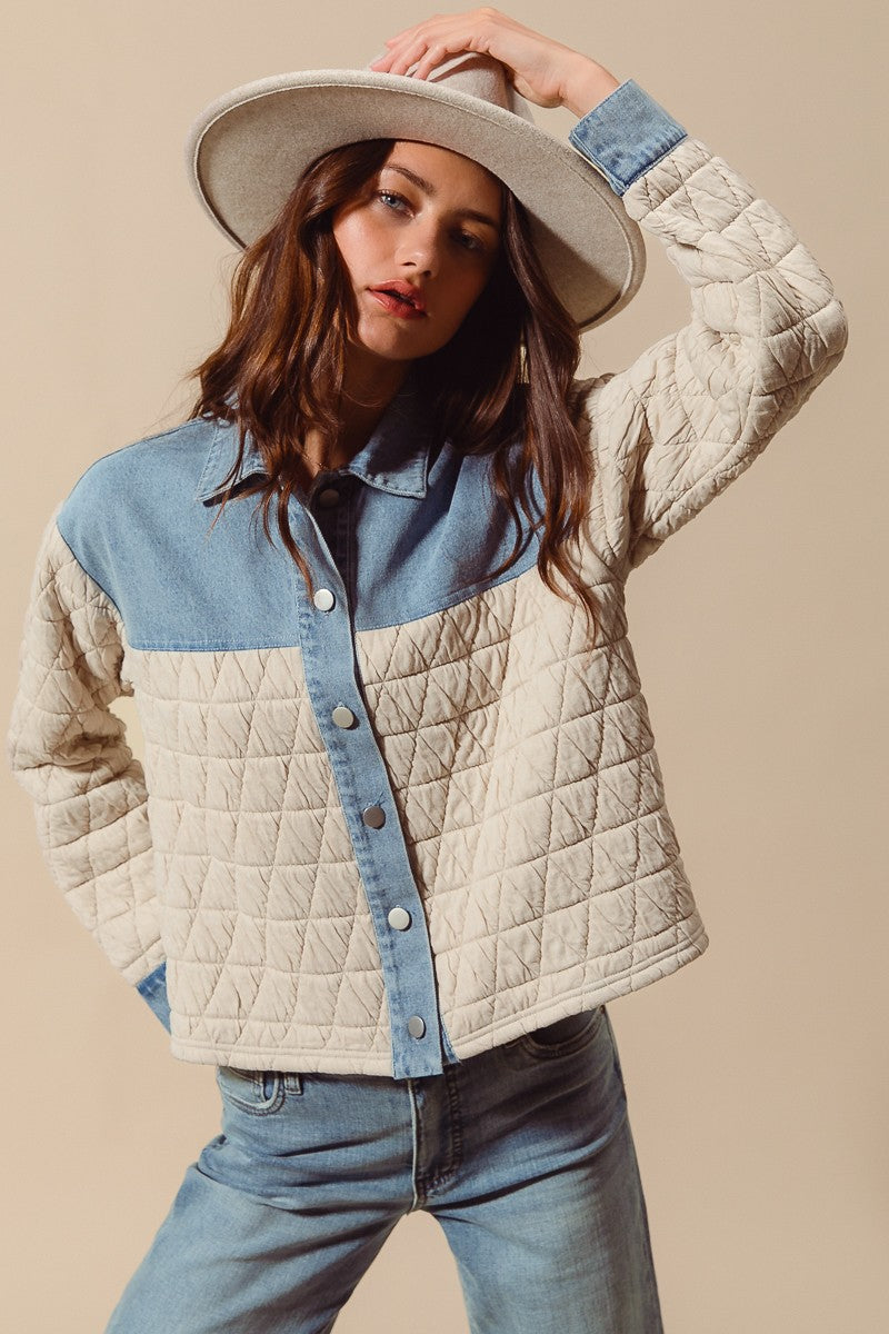 Quilted Button Up Jacket with Denim