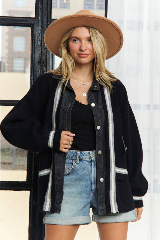 BUTTONS STRIPED DENIM POCKETS CARDIGAN (Two Colors)