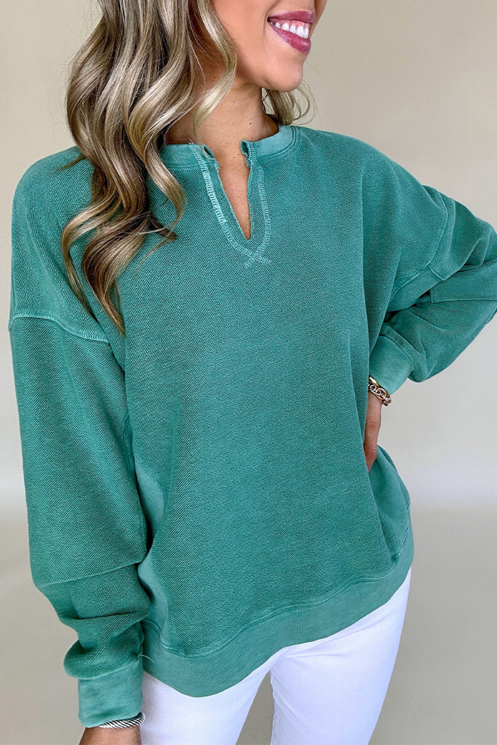 Notched Neck Drop Shoulder Sweatshirt