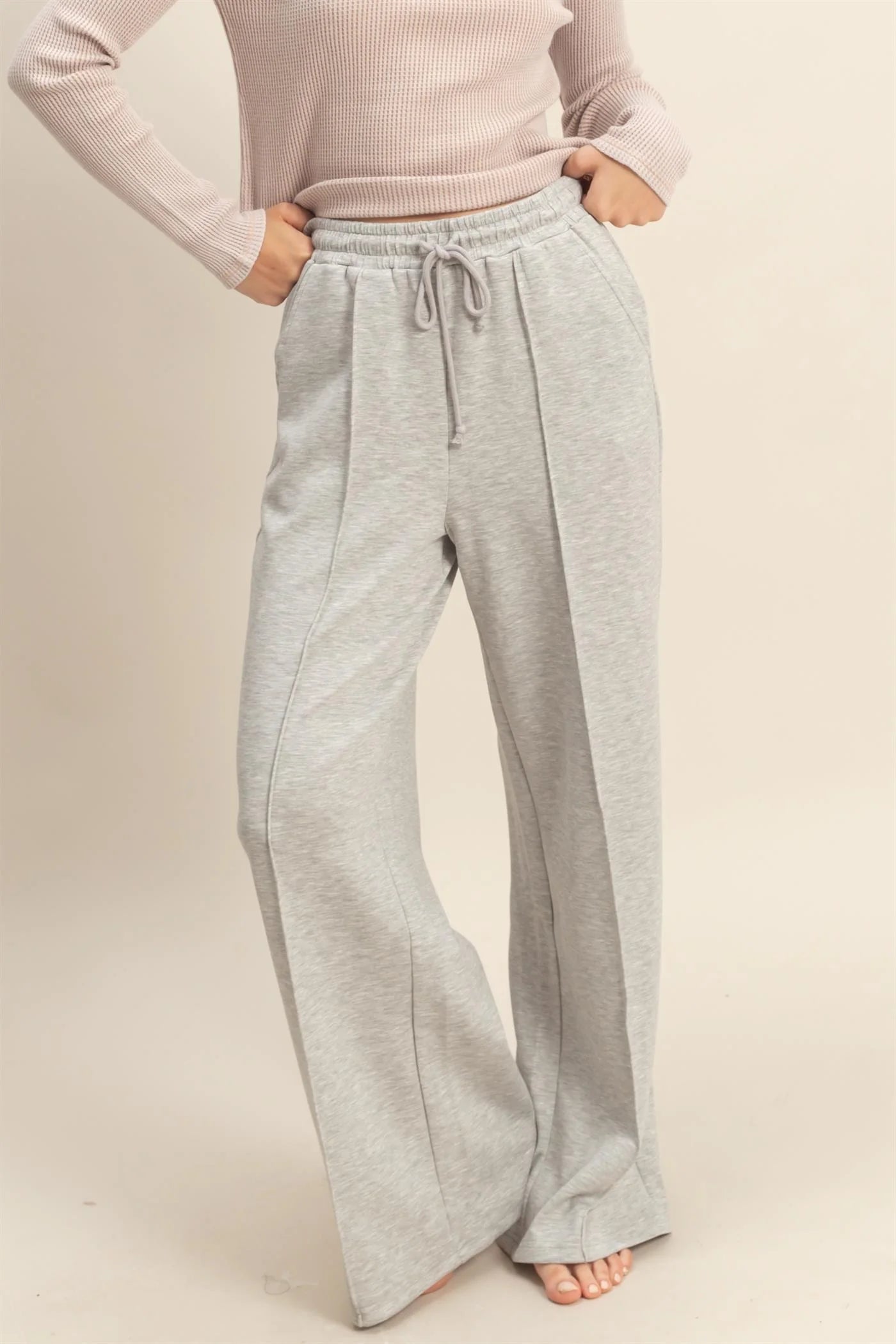 Double Knit High-Waist Drawstring Pintuck Wide Leg Pant (2 Colors)