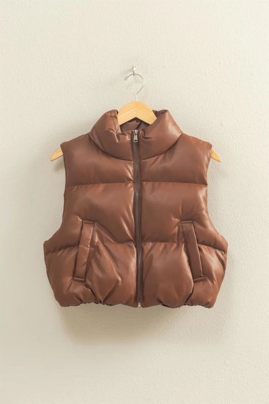 Faux Leather Cropped Puffer Vest