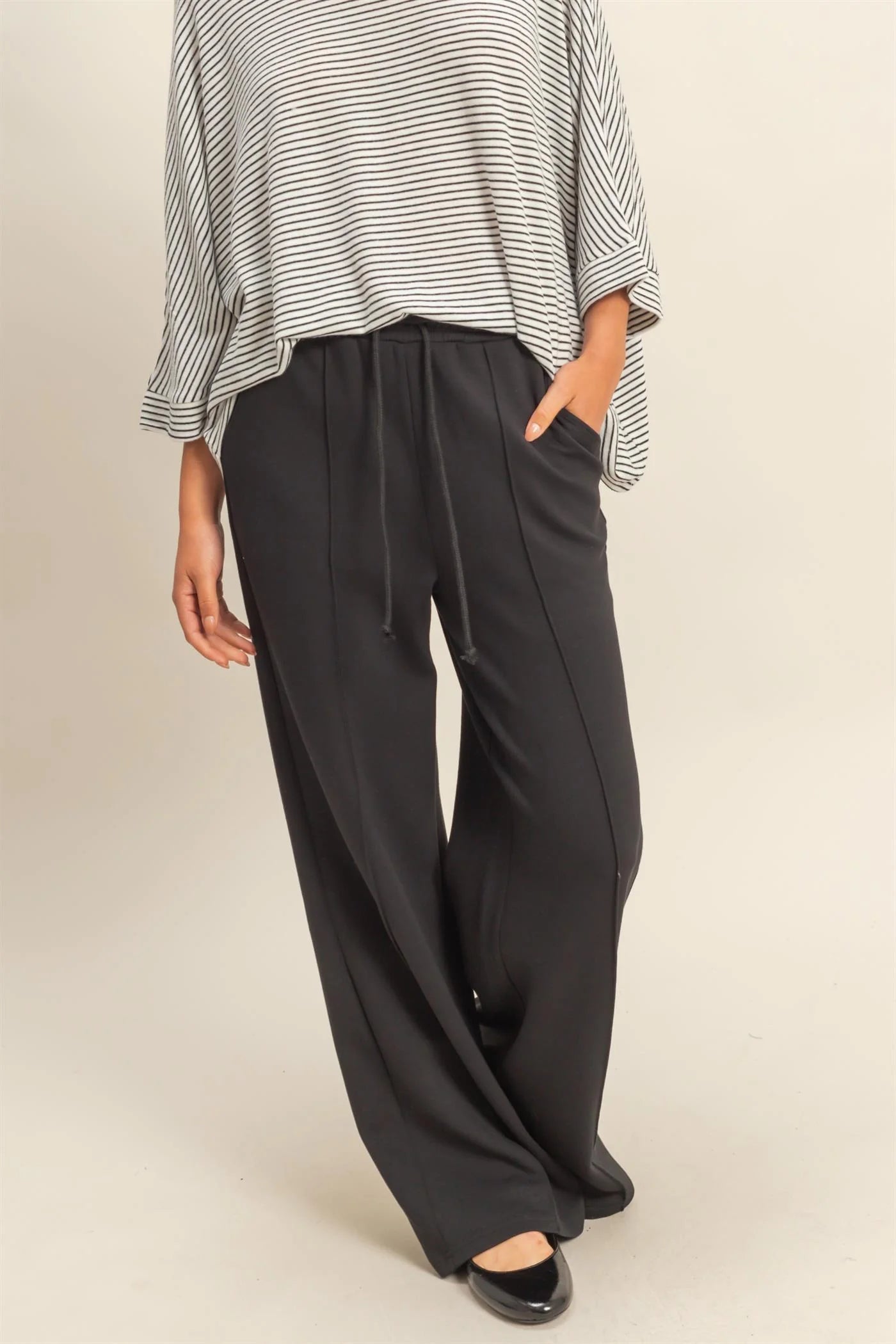 Double Knit High-Waist Drawstring Pintuck Wide Leg Pant (2 Colors)