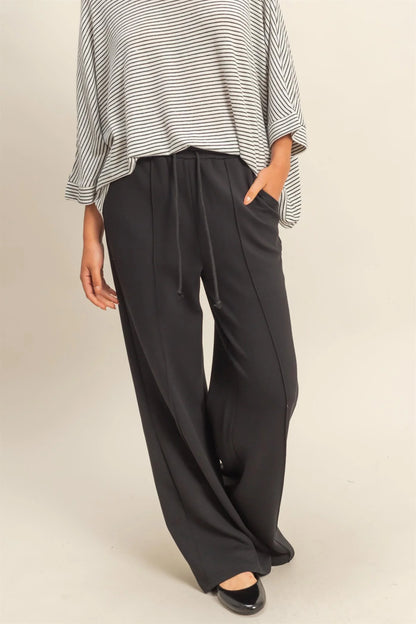 Double Knit High-Waist Drawstring Pintuck Wide Leg Pant (2 Colors)