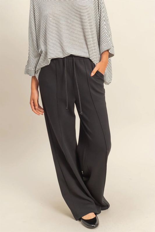 Double Knit High-Waist Drawstring Pintuck Wide Leg Pant (2 Colors)