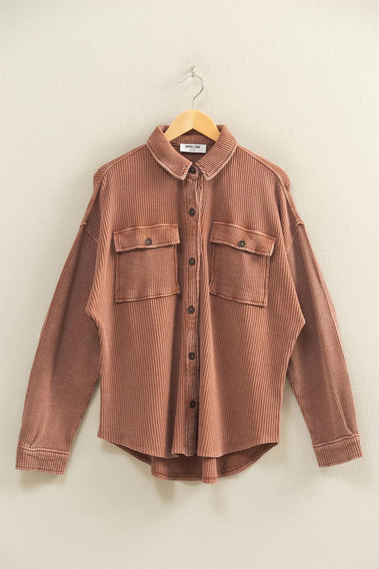 Oversized Mineral Washed Waffle Button Up Shacket