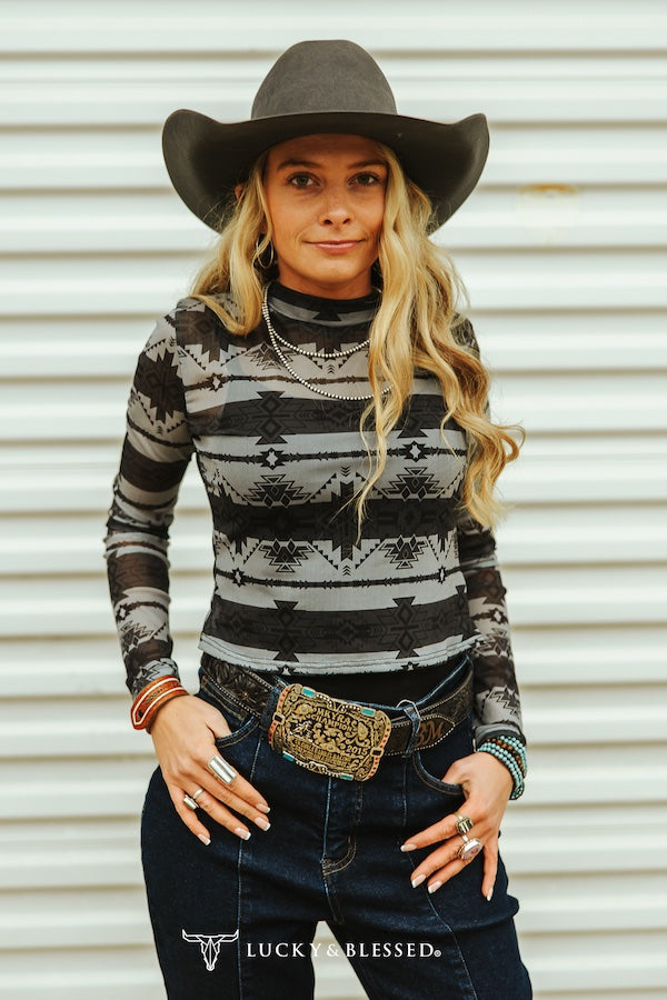 Grey Aztec Printed Long Sleeve Waist Length Mesh Top
