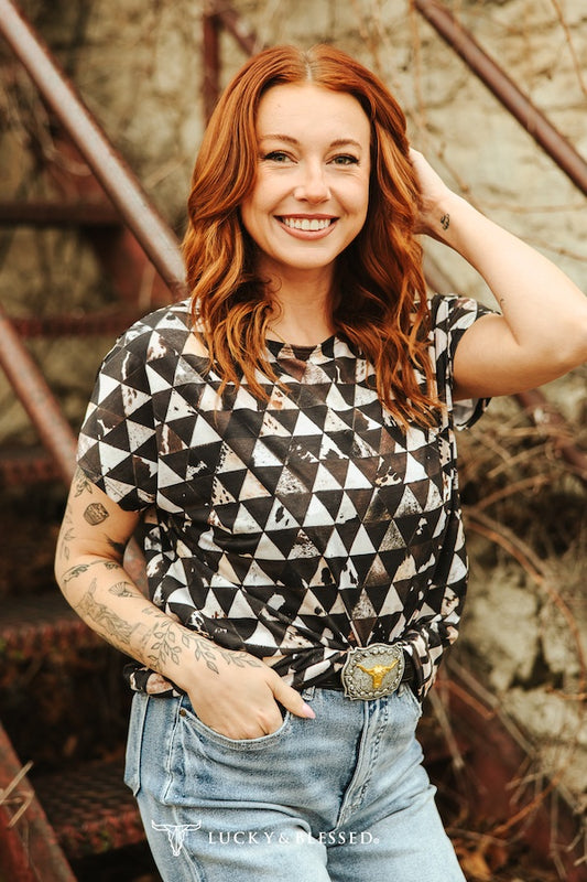 Cowhide Pattern Printed Short Sleeve Dolman Top (Regular & Plus Size)