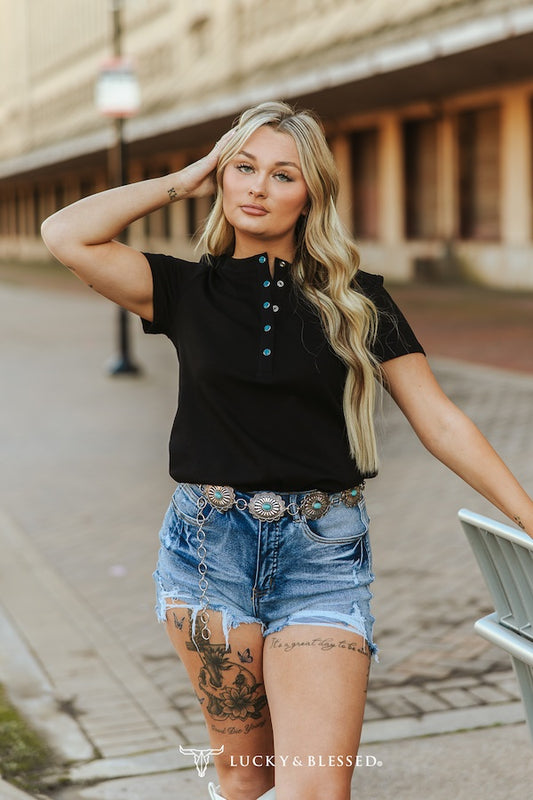 Short Sleeve Turquoise Snap Button Down T-Shirt (Regular & Plus)(3 Colors)